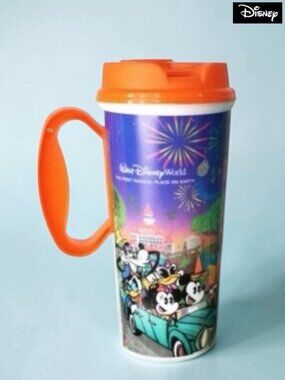 Disney Parks 16 oz Refillable Resort Mug Orange Lid with Full Wrap Characters